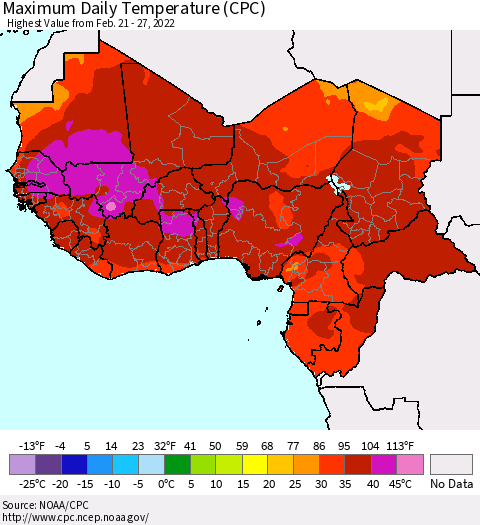 Western Africa Maximum Daily Temperature (CPC) Thematic Map For 2/21/2022 - 2/27/2022