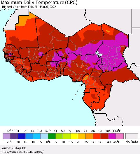 Western Africa Maximum Daily Temperature (CPC) Thematic Map For 2/28/2022 - 3/6/2022
