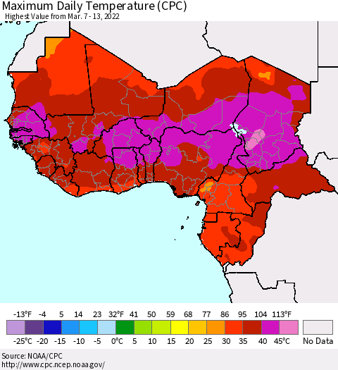 Western Africa Maximum Daily Temperature (CPC) Thematic Map For 3/7/2022 - 3/13/2022