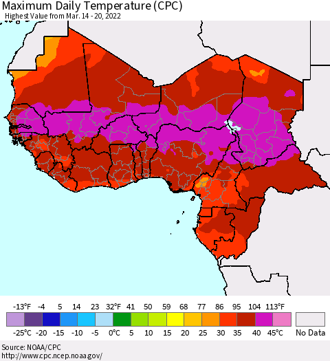 Western Africa Maximum Daily Temperature (CPC) Thematic Map For 3/14/2022 - 3/20/2022