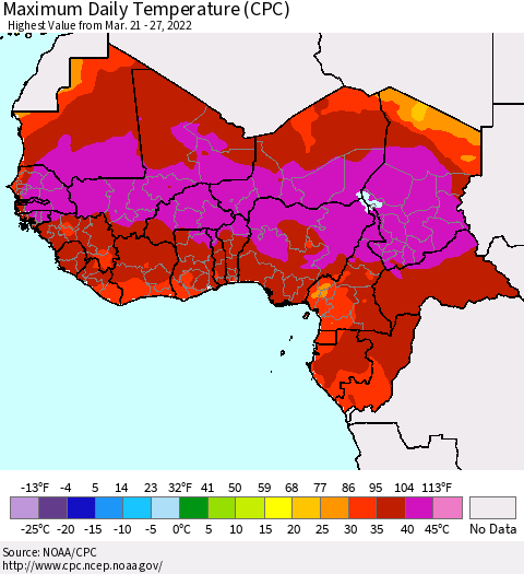 Western Africa Maximum Daily Temperature (CPC) Thematic Map For 3/21/2022 - 3/27/2022