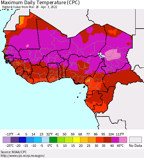 Western Africa Maximum Daily Temperature (CPC) Thematic Map For 3/28/2022 - 4/3/2022
