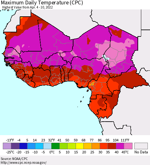 Western Africa Maximum Daily Temperature (CPC) Thematic Map For 4/4/2022 - 4/10/2022