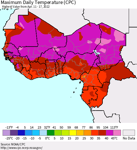 Western Africa Maximum Daily Temperature (CPC) Thematic Map For 4/11/2022 - 4/17/2022