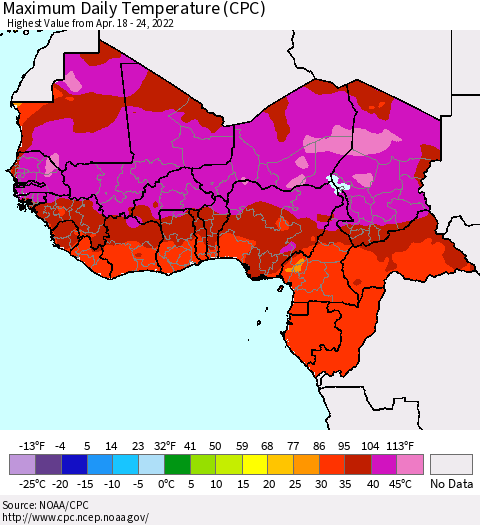 Western Africa Maximum Daily Temperature (CPC) Thematic Map For 4/18/2022 - 4/24/2022