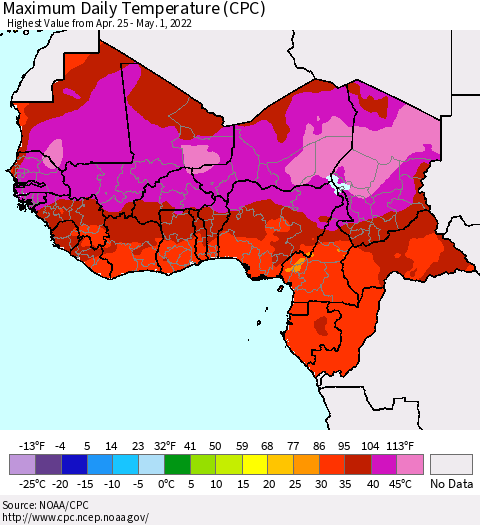 Western Africa Maximum Daily Temperature (CPC) Thematic Map For 4/25/2022 - 5/1/2022