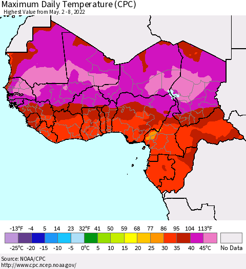 Western Africa Maximum Daily Temperature (CPC) Thematic Map For 5/2/2022 - 5/8/2022
