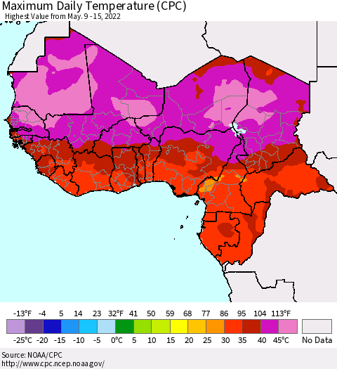 Western Africa Maximum Daily Temperature (CPC) Thematic Map For 5/9/2022 - 5/15/2022