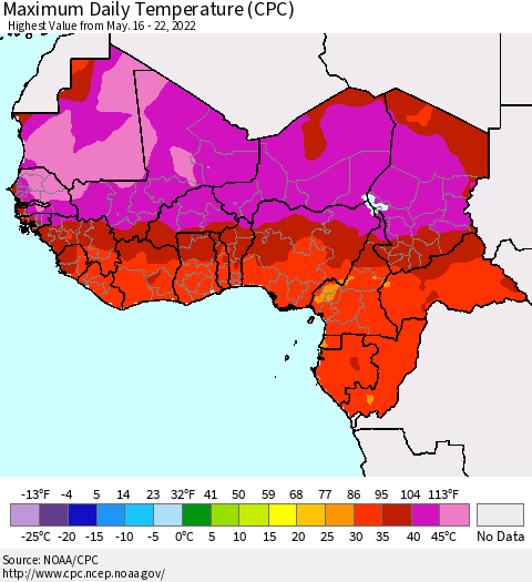 Western Africa Maximum Daily Temperature (CPC) Thematic Map For 5/16/2022 - 5/22/2022