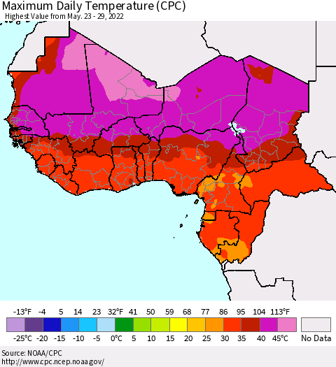 Western Africa Maximum Daily Temperature (CPC) Thematic Map For 5/23/2022 - 5/29/2022