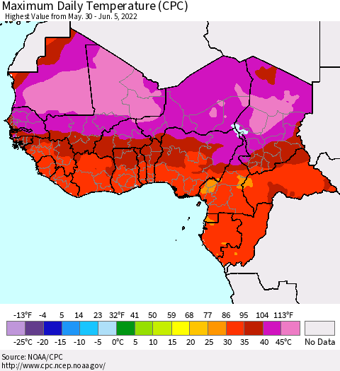 Western Africa Maximum Daily Temperature (CPC) Thematic Map For 5/30/2022 - 6/5/2022