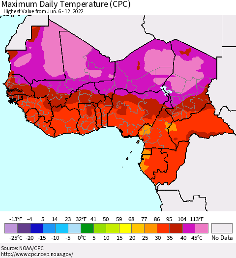 Western Africa Maximum Daily Temperature (CPC) Thematic Map For 6/6/2022 - 6/12/2022
