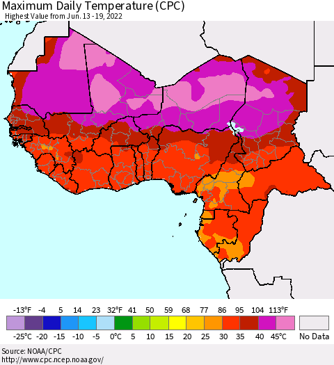 Western Africa Maximum Daily Temperature (CPC) Thematic Map For 6/13/2022 - 6/19/2022