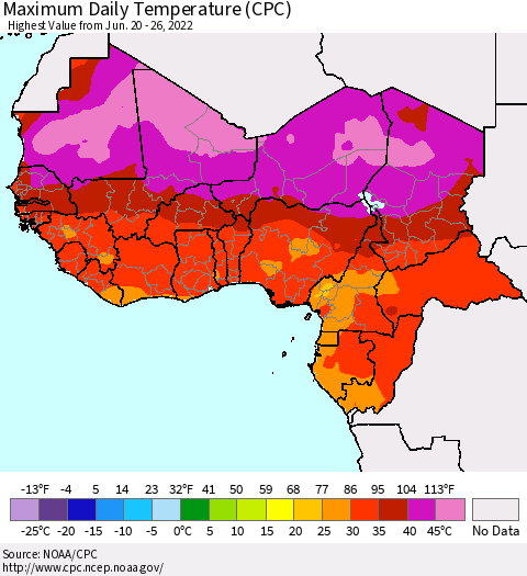 Western Africa Maximum Daily Temperature (CPC) Thematic Map For 6/20/2022 - 6/26/2022