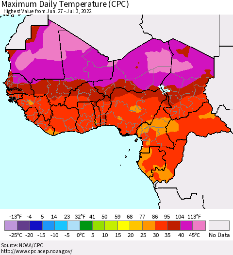 Western Africa Maximum Daily Temperature (CPC) Thematic Map For 6/27/2022 - 7/3/2022