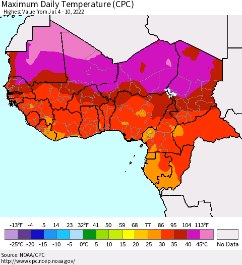 Western Africa Maximum Daily Temperature (CPC) Thematic Map For 7/4/2022 - 7/10/2022