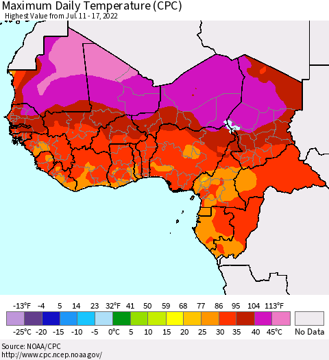 Western Africa Maximum Daily Temperature (CPC) Thematic Map For 7/11/2022 - 7/17/2022