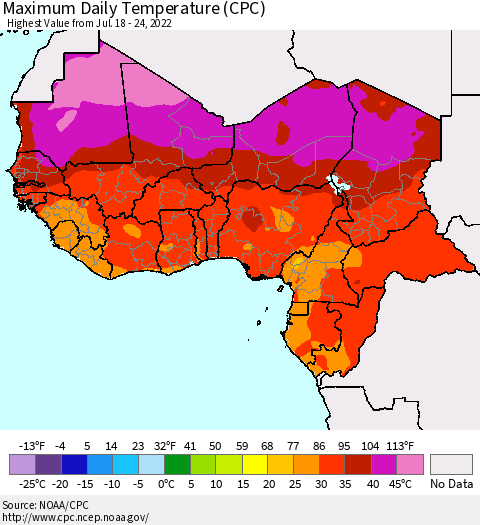 Western Africa Maximum Daily Temperature (CPC) Thematic Map For 7/18/2022 - 7/24/2022