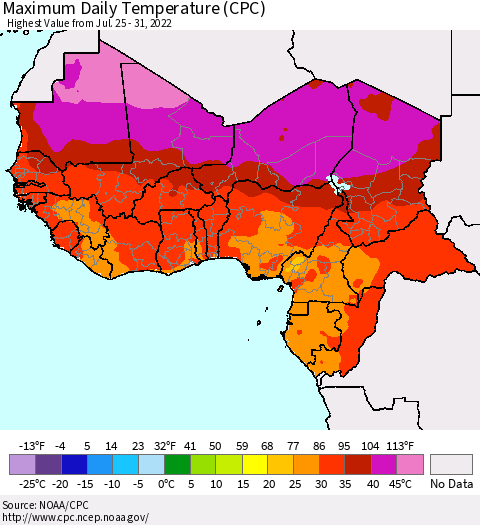 Western Africa Maximum Daily Temperature (CPC) Thematic Map For 7/25/2022 - 7/31/2022
