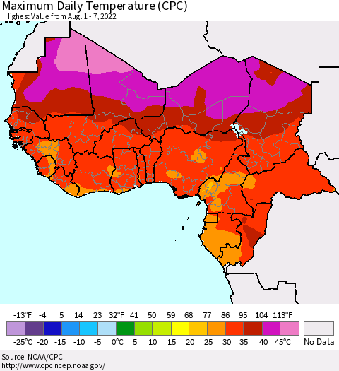 Western Africa Maximum Daily Temperature (CPC) Thematic Map For 8/1/2022 - 8/7/2022