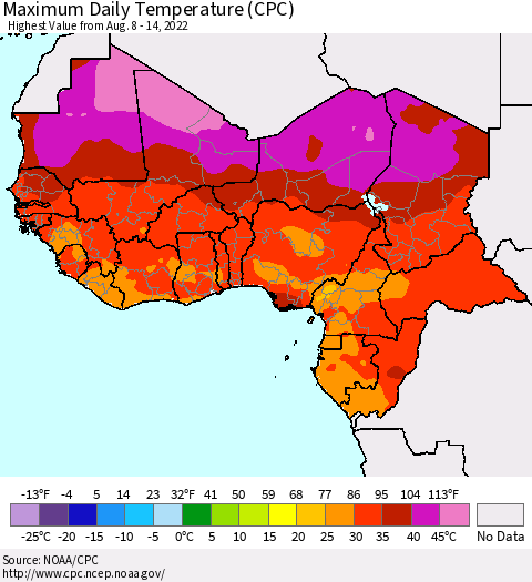Western Africa Maximum Daily Temperature (CPC) Thematic Map For 8/8/2022 - 8/14/2022