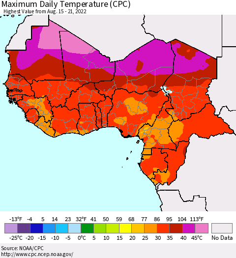 Western Africa Maximum Daily Temperature (CPC) Thematic Map For 8/15/2022 - 8/21/2022