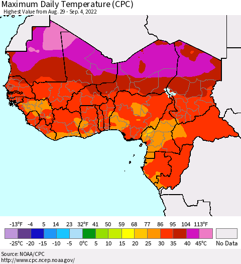 Western Africa Maximum Daily Temperature (CPC) Thematic Map For 8/29/2022 - 9/4/2022