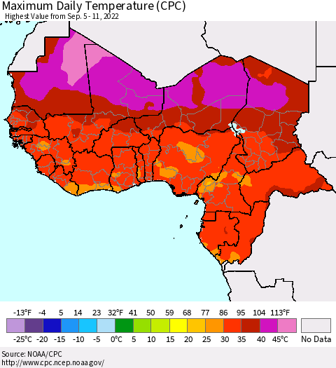Western Africa Maximum Daily Temperature (CPC) Thematic Map For 9/5/2022 - 9/11/2022