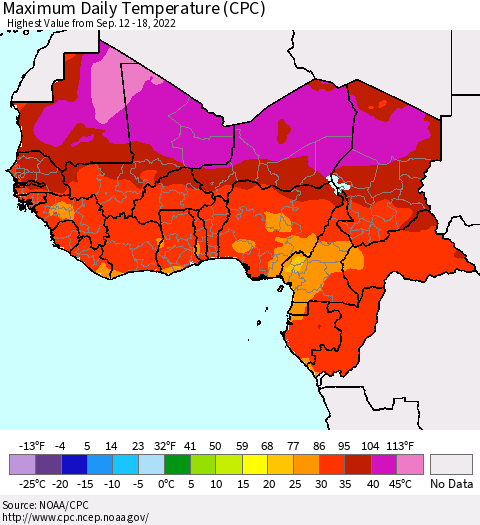 Western Africa Maximum Daily Temperature (CPC) Thematic Map For 9/12/2022 - 9/18/2022