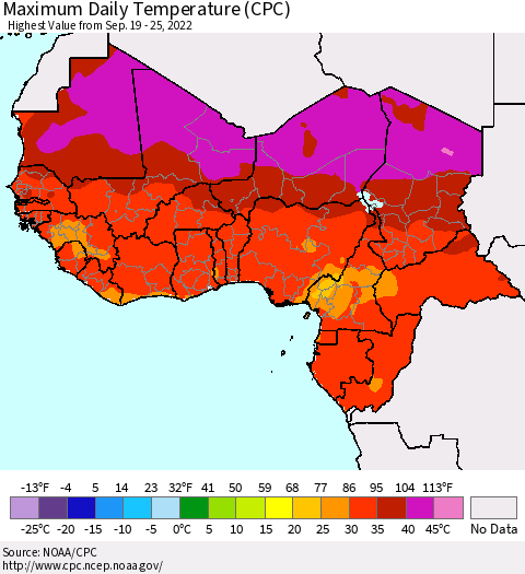 Western Africa Maximum Daily Temperature (CPC) Thematic Map For 9/19/2022 - 9/25/2022