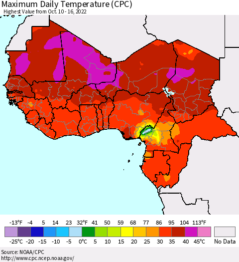 Western Africa Maximum Daily Temperature (CPC) Thematic Map For 10/10/2022 - 10/16/2022