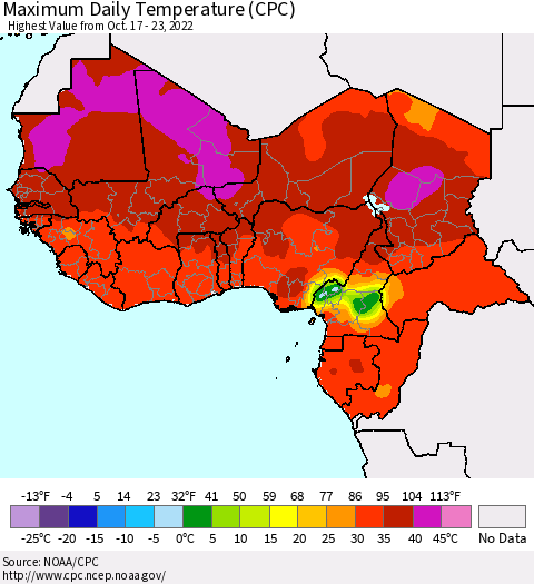 Western Africa Maximum Daily Temperature (CPC) Thematic Map For 10/17/2022 - 10/23/2022