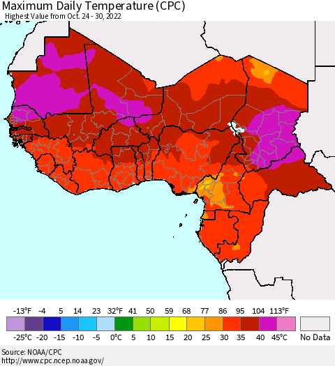 Western Africa Maximum Daily Temperature (CPC) Thematic Map For 10/24/2022 - 10/30/2022