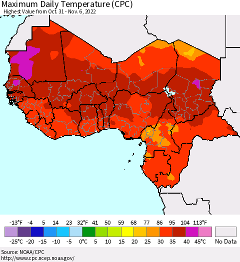 Western Africa Maximum Daily Temperature (CPC) Thematic Map For 10/31/2022 - 11/6/2022