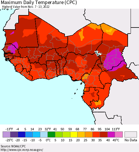 Western Africa Maximum Daily Temperature (CPC) Thematic Map For 11/7/2022 - 11/13/2022