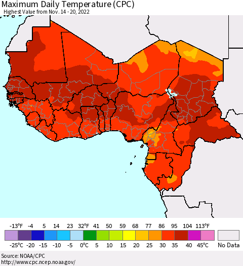 Western Africa Maximum Daily Temperature (CPC) Thematic Map For 11/14/2022 - 11/20/2022