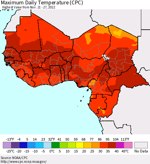 Western Africa Maximum Daily Temperature (CPC) Thematic Map For 11/21/2022 - 11/27/2022