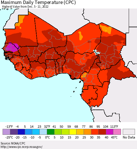 Western Africa Maximum Daily Temperature (CPC) Thematic Map For 12/5/2022 - 12/11/2022