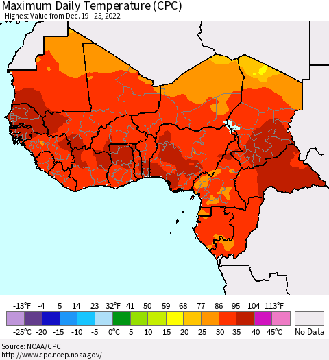 Western Africa Maximum Daily Temperature (CPC) Thematic Map For 12/19/2022 - 12/25/2022