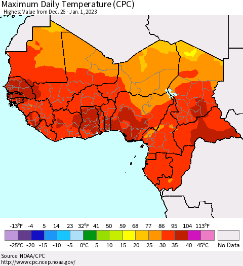 Western Africa Maximum Daily Temperature (CPC) Thematic Map For 12/26/2022 - 1/1/2023