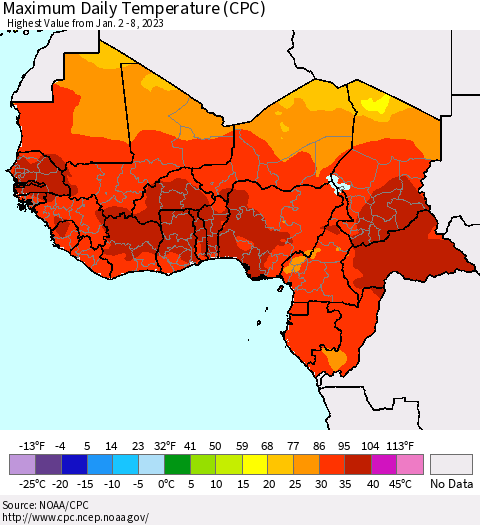 Western Africa Maximum Daily Temperature (CPC) Thematic Map For 1/2/2023 - 1/8/2023