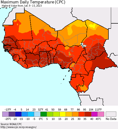 Western Africa Maximum Daily Temperature (CPC) Thematic Map For 1/9/2023 - 1/15/2023