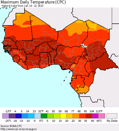 Western Africa Maximum Daily Temperature (CPC) Thematic Map For 1/16/2023 - 1/22/2023