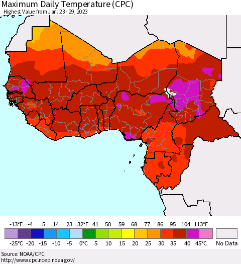 Western Africa Maximum Daily Temperature (CPC) Thematic Map For 1/23/2023 - 1/29/2023