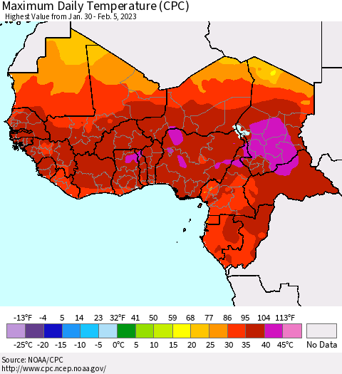 Western Africa Maximum Daily Temperature (CPC) Thematic Map For 1/30/2023 - 2/5/2023