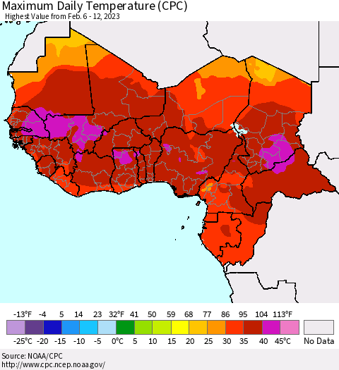 Western Africa Maximum Daily Temperature (CPC) Thematic Map For 2/6/2023 - 2/12/2023