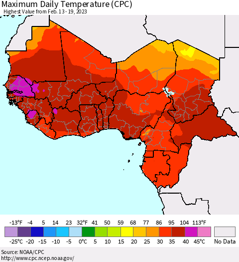 Western Africa Maximum Daily Temperature (CPC) Thematic Map For 2/13/2023 - 2/19/2023