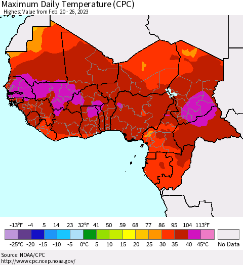 Western Africa Maximum Daily Temperature (CPC) Thematic Map For 2/20/2023 - 2/26/2023