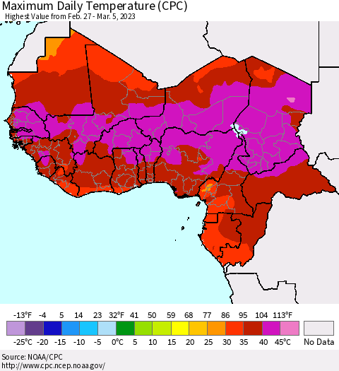 Western Africa Maximum Daily Temperature (CPC) Thematic Map For 2/27/2023 - 3/5/2023