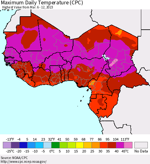 Western Africa Maximum Daily Temperature (CPC) Thematic Map For 3/6/2023 - 3/12/2023
